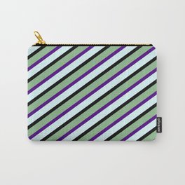 [ Thumbnail: Dark Sea Green, Indigo, Light Cyan, and Black Colored Striped Pattern Carry-All Pouch ]