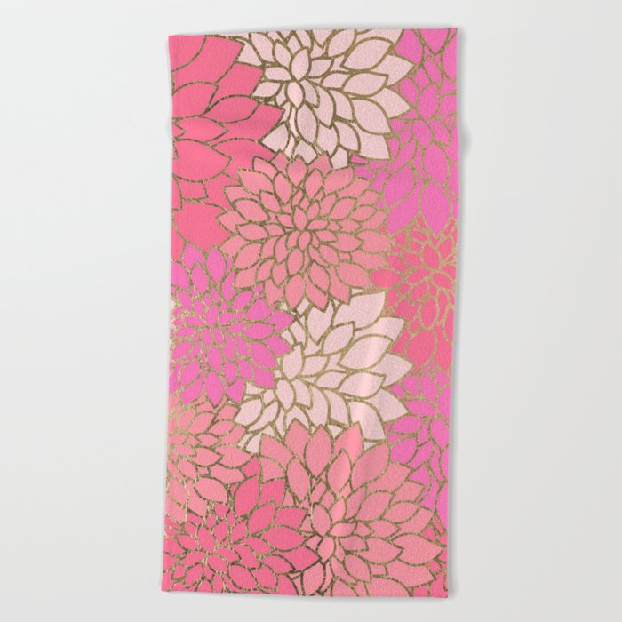 Modern elegant faux gold coral pink floral Beach Towel by Pink Water