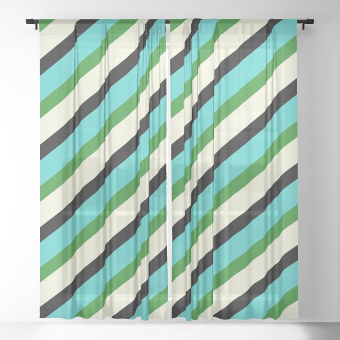 Turquoise, Forest Green, Beige, and Black Colored Lines/Stripes Pattern Sheer Curtain