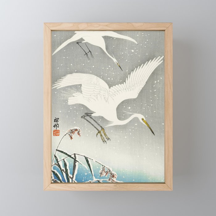 Egrets Descending from the sky - Vintage Japanese Woodblock Print Art Framed Mini Art Print