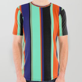 [ Thumbnail: Vibrant Black, Dark Sea Green, Aquamarine, Red, and Midnight Blue Colored Pattern of Stripes All Over Graphic Tee ]