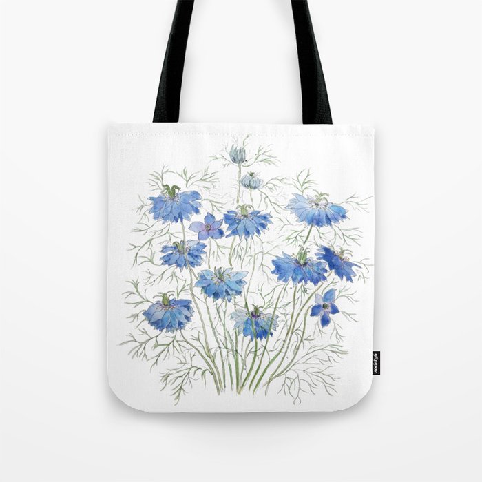 blue purple nigella flowers watercolor Tote Bag