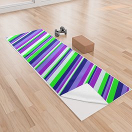 [ Thumbnail: Colorful Light Cyan, Dark Violet, Medium Slate Blue, Blue & Lime Colored Lined Pattern Yoga Towel ]