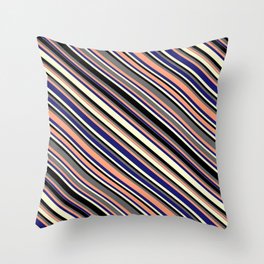 [ Thumbnail: Colorful Dim Grey, Light Salmon, Midnight Blue, Light Yellow & Black Colored Lines Pattern Throw Pillow ]