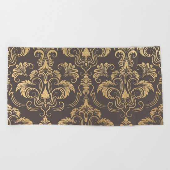 Gold foil swirls damask #10 Beach Towel