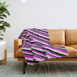 [ Thumbnail: Forest Green, Fuchsia, Beige, and Black Colored Lined/Striped Pattern Throw Blanket ]