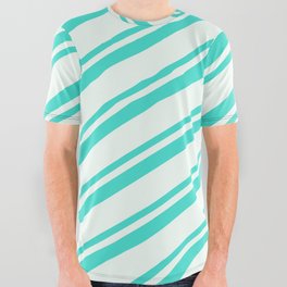 [ Thumbnail: Mint Cream and Turquoise Colored Lines Pattern All Over Graphic Tee ]