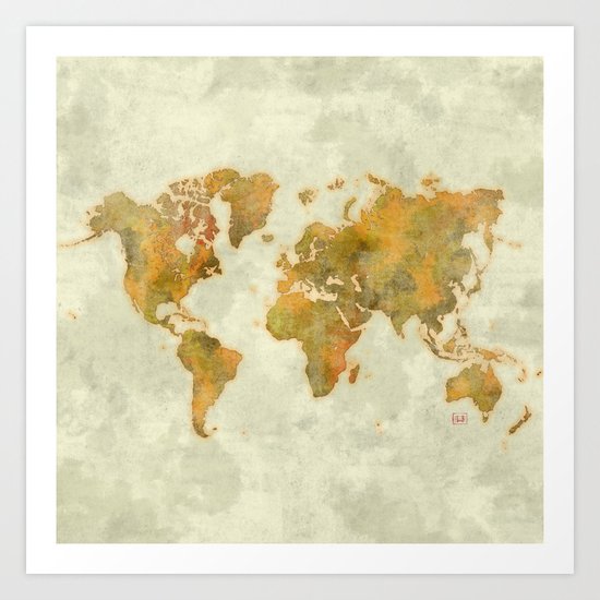 World Map Yellow Vintage Art Print