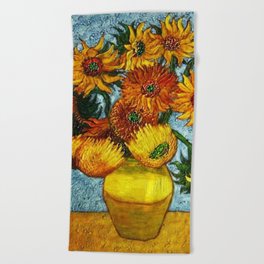Sunflowers, Paris, in Vase portrait painting by Vincent van Gogh Beach Towel