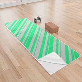 [ Thumbnail: Green & Light Gray Colored Striped/Lined Pattern Yoga Towel ]