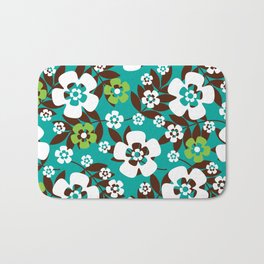 Retro Tropical Floral Print in Turquoise and Lime Bath Mat | Floral, Limegreen, Retro, Brown, Turquoise, Retromodern, Flowers, Graphicdesign, Tropicalprint, Digital 