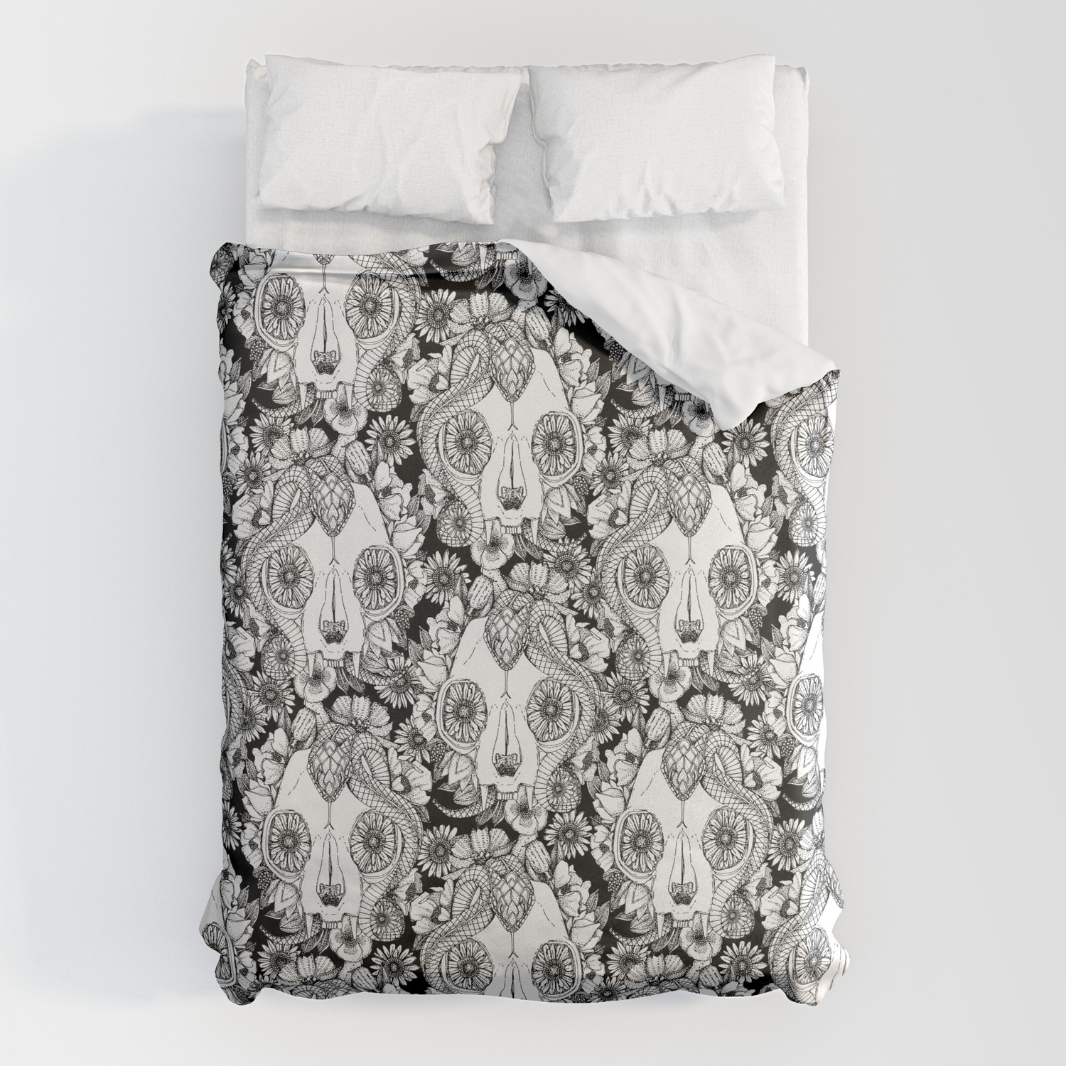 Cat Skull Damask Black White Duvet Cover By Sharonturner Society6