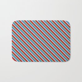 [ Thumbnail: Blue, Mint Cream, Red, and Green Colored Stripes/Lines Pattern Bath Mat ]
