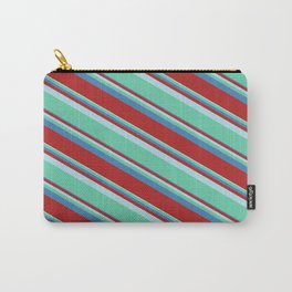 [ Thumbnail: Powder Blue, Aquamarine, Blue, and Red Colored Lined/Striped Pattern Carry-All Pouch ]