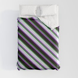 [ Thumbnail: Forest Green, Lavender, Dark Orchid, and Black Colored Striped Pattern Duvet Cover ]