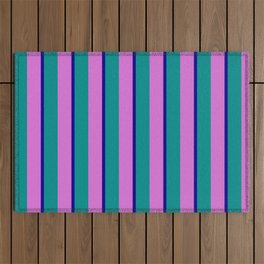 [ Thumbnail: Dark Cyan, Orchid, and Dark Blue Colored Stripes/Lines Pattern Outdoor Rug ]