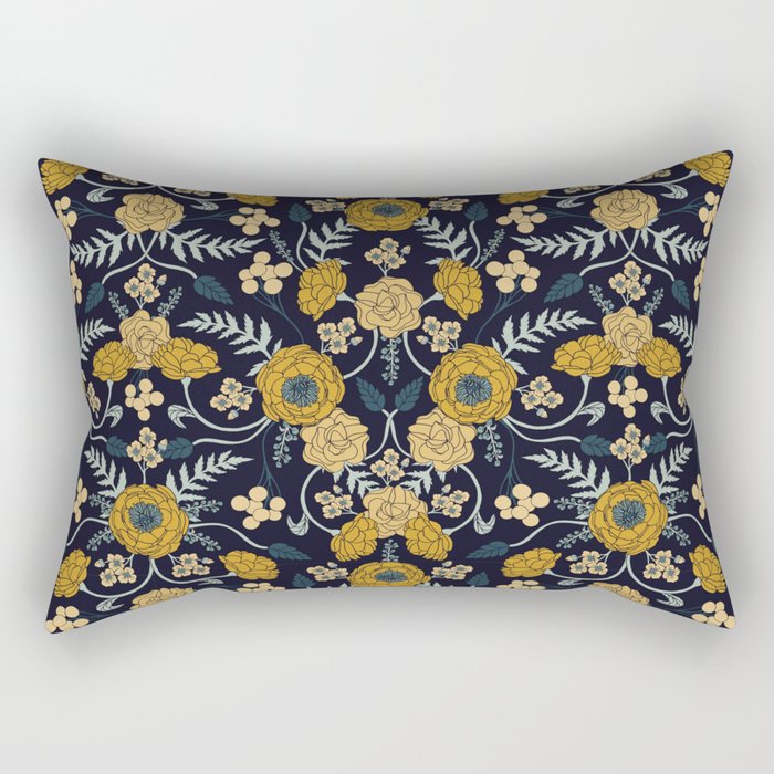 Navy Blue Turquoise Cream Mustard Yellow Dark Floral Pattern Rectangular Pillow
