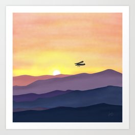 Sunset Mountain Airplane Art Print | Purple, Skyscape, Plane, Sky, Sun, Glow, Nature, Fly, Sunset, Painting 