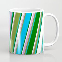 [ Thumbnail: Eye-catching Plum, Green, Deep Sky Blue, Dark Green, and White Colored Lined/Striped Pattern Coffee Mug ]