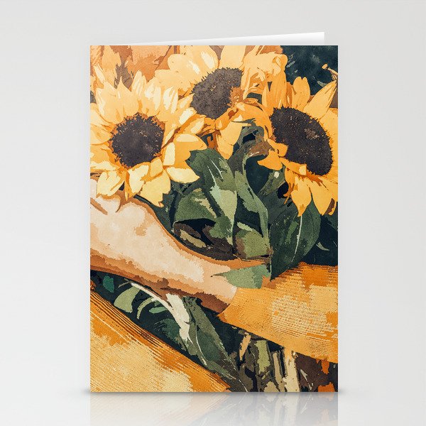 Holding Sunflowers, Woman Flowers Botanical Nature Painting, Boho Plant Lady Vintage Illustration Stationery Cards