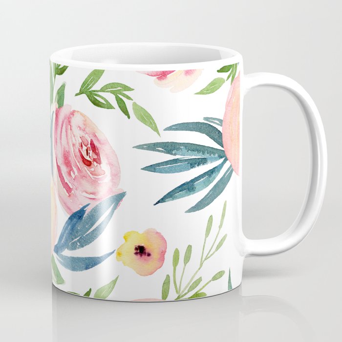 Elegant Roses Coral Pink + Green Coffee Mug