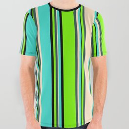 [ Thumbnail: Eyecatching Green, Dark Slate Gray, Bisque, Turquoise, and Black Colored Lined Pattern All Over Graphic Tee ]