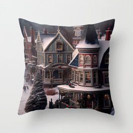 Queen Anne Victorian house with porch and turret and idyllic storybook winter neighborhood scene landscape painting by Prompart Throw Pillow