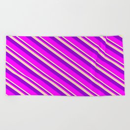 [ Thumbnail: Tan, Dark Violet & Fuchsia Colored Lines Pattern Beach Towel ]