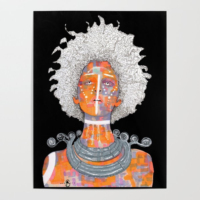 Portrait of an African Queen with white Eyes and awesome Afro Poster