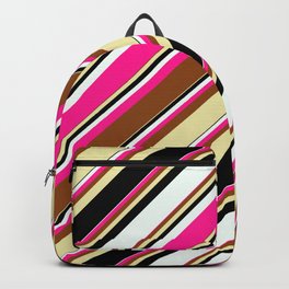 [ Thumbnail: Vibrant Brown, Pale Goldenrod, Black, Mint Cream & Deep Pink Colored Lined/Striped Pattern Backpack ]