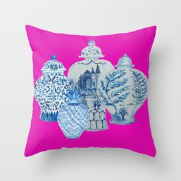 Hot Pink Blue and White Ginger Jars  Throw Pillow