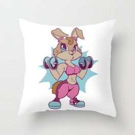 Rabbit funny style cartoon who does muscle fitness Throw Pillow