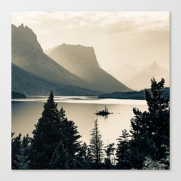 Glacier Park Mountain Landscape Over Wild Goose Island - Sepia 1x1 Canvas Print