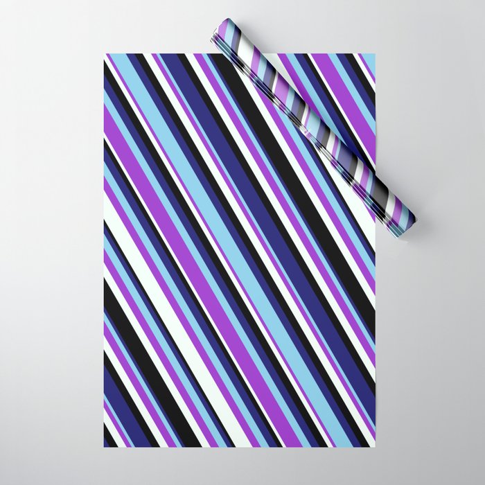 Vibrant Midnight Blue, Sky Blue, Dark Orchid, Mint Cream, and Black Colored Lined/Striped Pattern Wrapping Paper