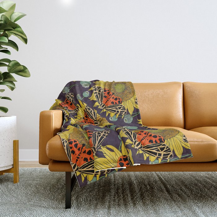Sunflower, Poppy Pods & Tiger Moth Botanical Plum Throw Blanket
