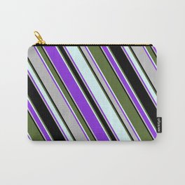 [ Thumbnail: Colorful Dark Olive Green, Light Cyan, Purple, Grey, and Black Colored Lined/Striped Pattern Carry-All Pouch ]