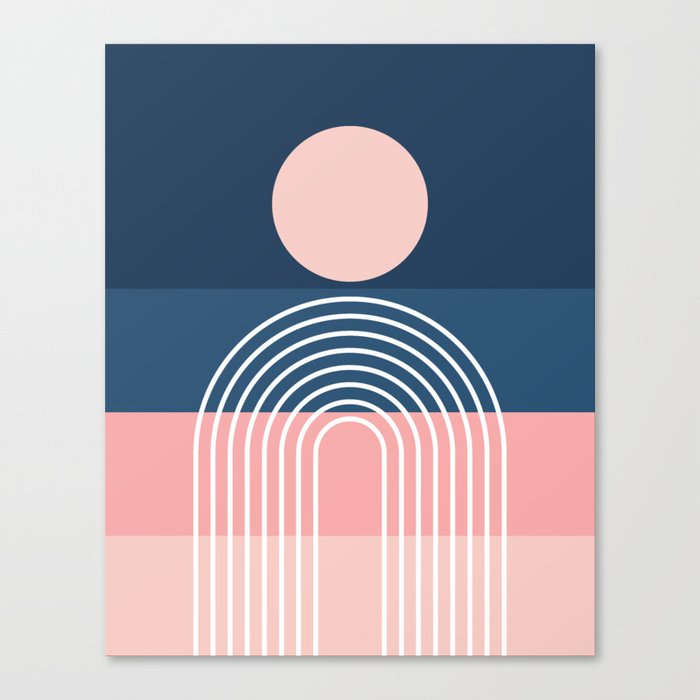 Geometric Rainbow Sun Abstract 13 in Navy Blue Pale Pink Canvas Print