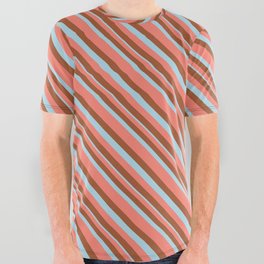 [ Thumbnail: Salmon, Sienna & Light Blue Colored Striped/Lined Pattern All Over Graphic Tee ]