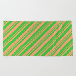 [ Thumbnail: Lime Green & Light Salmon Colored Striped/Lined Pattern Beach Towel ]