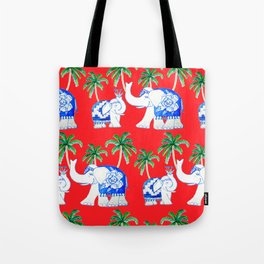 Chinoiserie elephants on red with palms Tote Bag