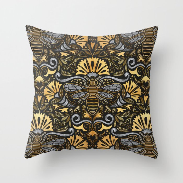 Queen bee garden // black background ornamental extravagant gold cord embroidery passementerie style inspiration Throw Pillow