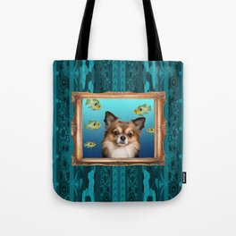 chihuahua in frame with tropical fishes #chihuahua Tote Bag