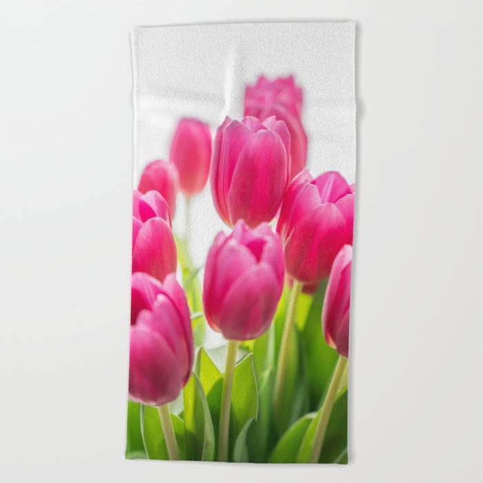 Summer floral bright pink tulips art print - spring flowers green leaves - nature photography Beach Towel