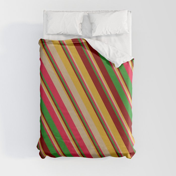 Colorful Goldenrod, Tan, Crimson, Forest Green & Maroon Colored Striped/Lined Pattern Duvet Cover