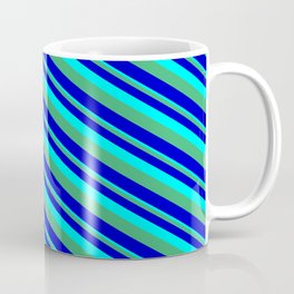 [ Thumbnail: Aqua, Sea Green & Blue Colored Striped/Lined Pattern Coffee Mug ]