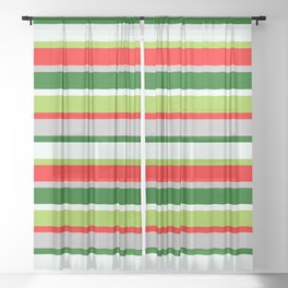 [ Thumbnail: Eye-catching Green, Red, Grey, Dark Green, and Mint Cream Colored Lined Pattern Sheer Curtain ]