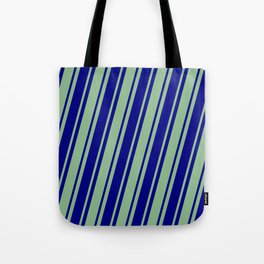 [ Thumbnail: Dark Sea Green & Blue Colored Striped/Lined Pattern Tote Bag ]
