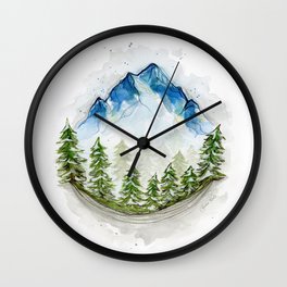 Blue watercolor mountains in the trees Wall Clock | Evergreentrees, Wanderfolk, Adventure, Mixedmedia, Forest, Landscape, Coloredpencils, Wanderlust, Watercolor, Woodland 