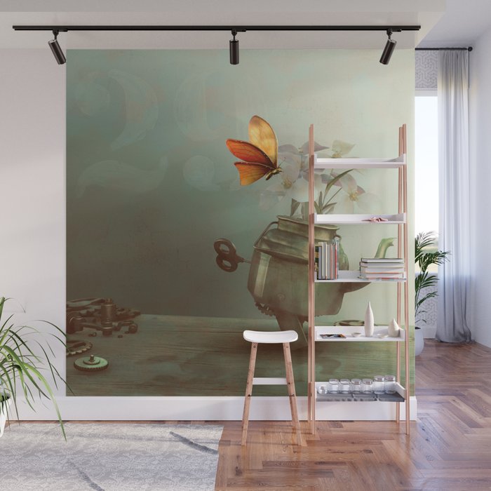 Walking teapot with butterfly Wall Mural