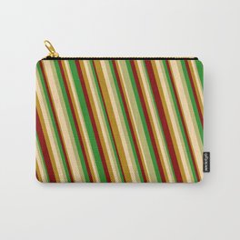 [ Thumbnail: Eye-catching Forest Green, Dark Khaki, Tan, Dark Goldenrod & Maroon Colored Stripes Pattern Carry-All Pouch ]